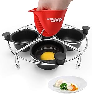 Modern Innovations Stainless Steel 4-Cup Egg Poacher Tray - Complimentary Silicone Mitt - Egg Poacher Insert for Poaching Eggs & Eggs Benedict - Poached Egg Maker Compatible with Most Pans