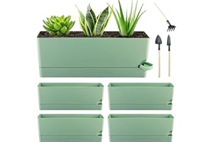 KVYUSFLOURISH 4 Pack Self Watering Pots for Indoor Plants 17 Inches Window Boxes Planters Rectangular Flower Pots Rectangle Herb Pots Large Plant Pots with Drainage Holes and Saucers Windowsill Planter, Green