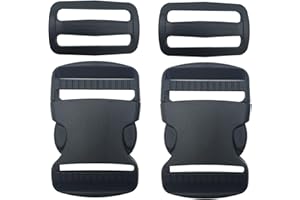 EesTeck 2 Set 1.5 Inch Flat Dual Adjustable Plastic Quick Side Release Plastic Buckles and Tri-glide Slides for Luggage Straps Pet Collar Backpack Repairing (Black, Fit For 1.5”/38mm Webbing Straps)