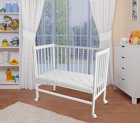 WALDIN Baby Beistellbett mit Matratze, höhen-verstellbar, 2 Modelle wählbar,Buche Massiv-Holz weiß lackiert