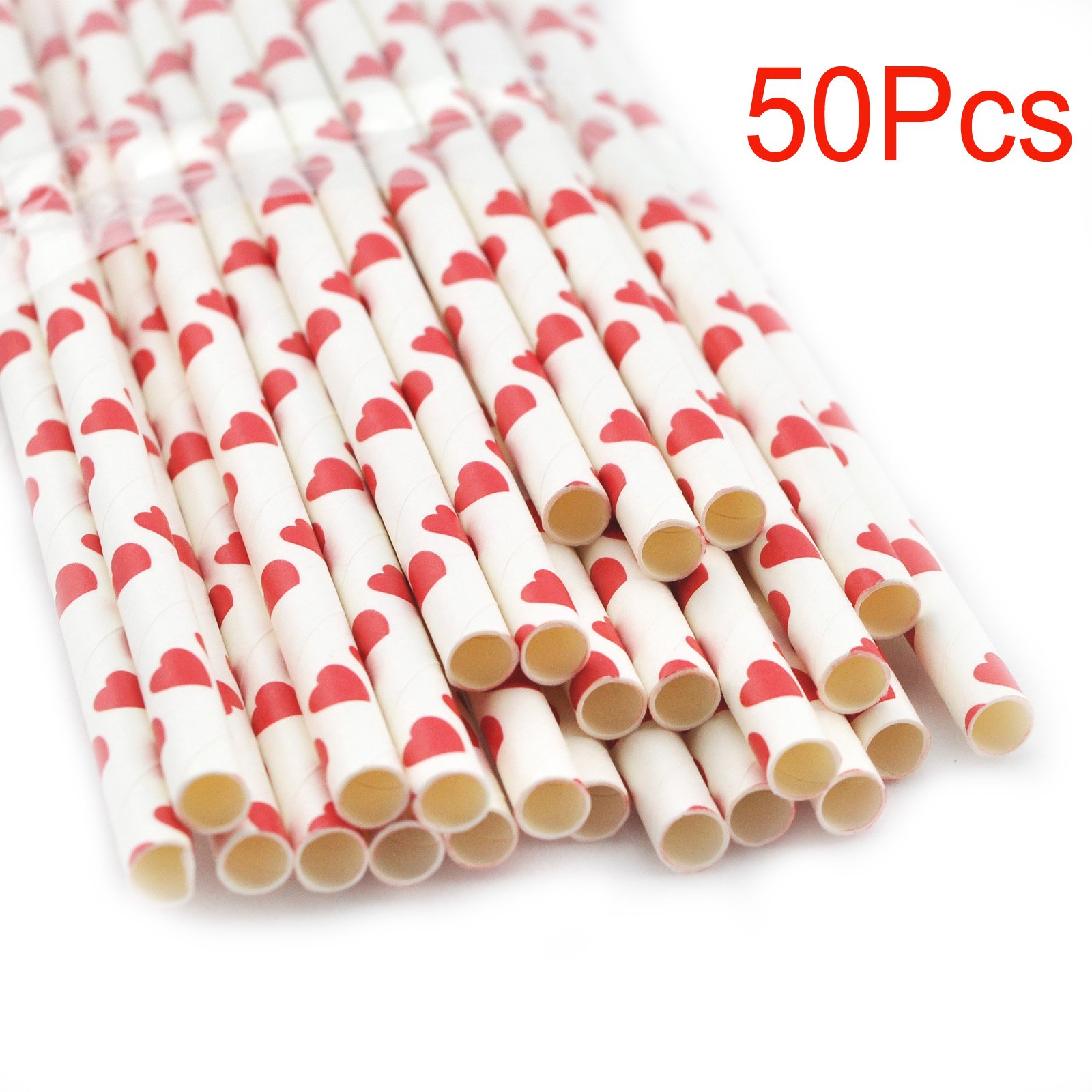 Zinnor Paper Stripe Straws,50 Pcs Paper Drinking Straws for Birthday Festival Party Table Decorations (Red)