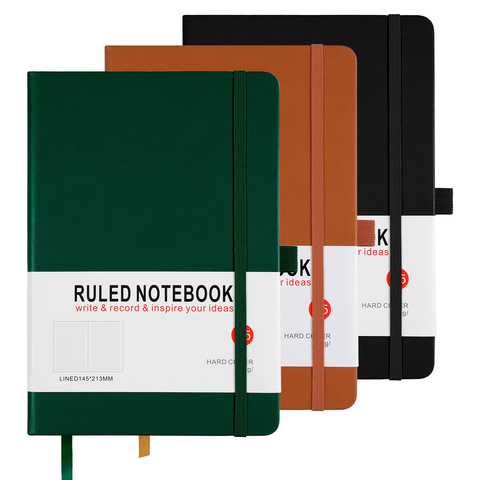 Notebook A5, 3 Pack Journal A5 Notebook 200 Pages 80 GSM Journal Notebook Hardback Notepad with Lined Pages, Pen Loop and Expandable Paper Pocket, Journal Notepad Note Book (Black, Brown, Green)