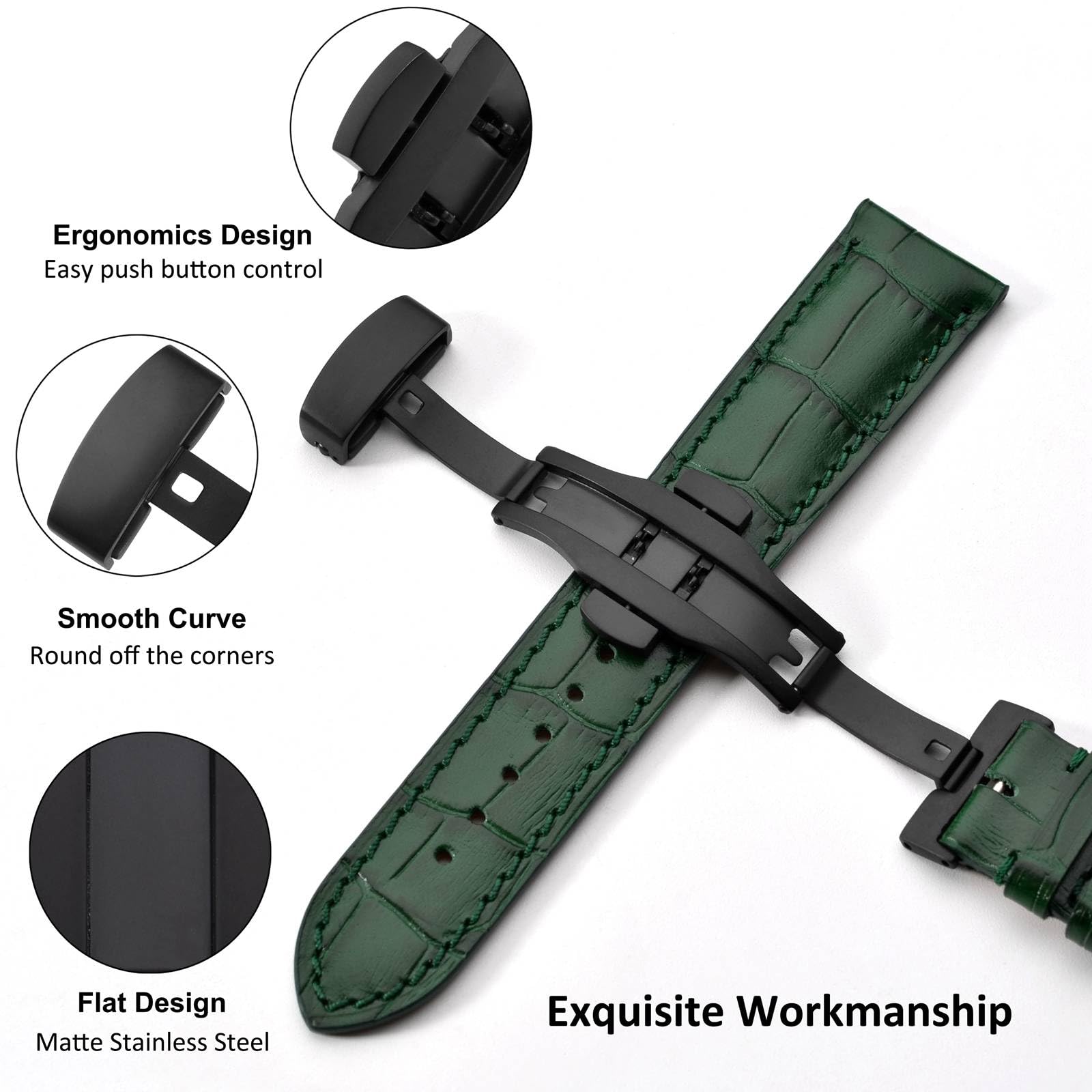 WOCCI 20mm Stainless Steel Deployment Clasp for Watch Band, Matte Buckle (Black)