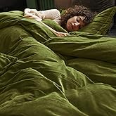 PHF Super Soft Velvet Duvet Cover Queen Size, 3pcs Luxurious Warm Velour Fluffy Bedding Set with 8 Ties, Cozy Breathable Flannel Comforter Cover with Pillow Shams, Zipper Closure, 90"x90", Olive Green