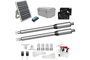 JUJIANG C01 Solar Gate Opener with Batteries & Solar Panel for Dual Swing Gates Up to 440lb 12FT per Arm Automatic Gate Opener with Remote Complete Kit Light Duty Automatic Gate Openers Solar Powered