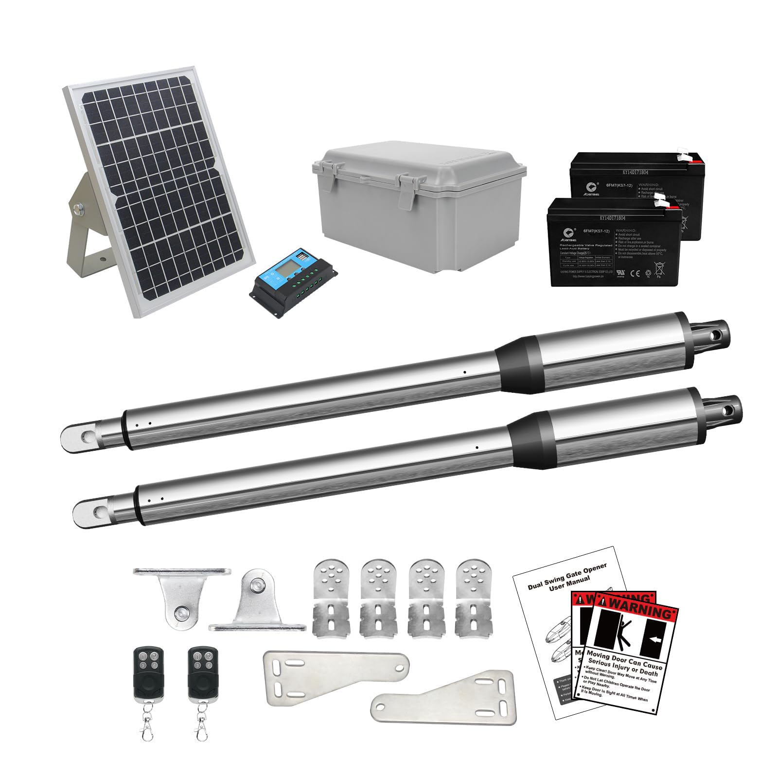 Photo 1 of ****MISSING HARDWARE***
JUJIANG C01 Solar Gate Opener with Batteries & Solar Panel for Dual Swing Gates Up to 440lb per Arm Automatic Gate Opener with Remote Complete Kit Light Duty Automatic Gate Openers Solar Powered