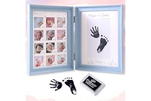 weallbuy Baby Picture Frame First Year, Baby Handprint and Footprint Kit with Ink Pad, 12 Month Milestones Baby Gift, Anniversary Growth Record Keepsake for Mom/Newborn (Blue Foldable)