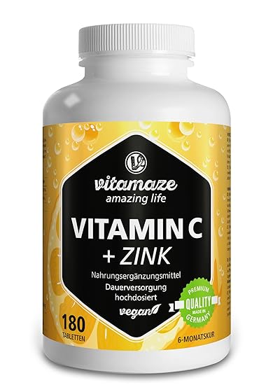 Vitamin C hochdosiert 1000 mg + Bioflavonoide + Zink 180 Tabletten vegan für 6 Monate Qualitätsprodukt-Made-in-Germany ohne M