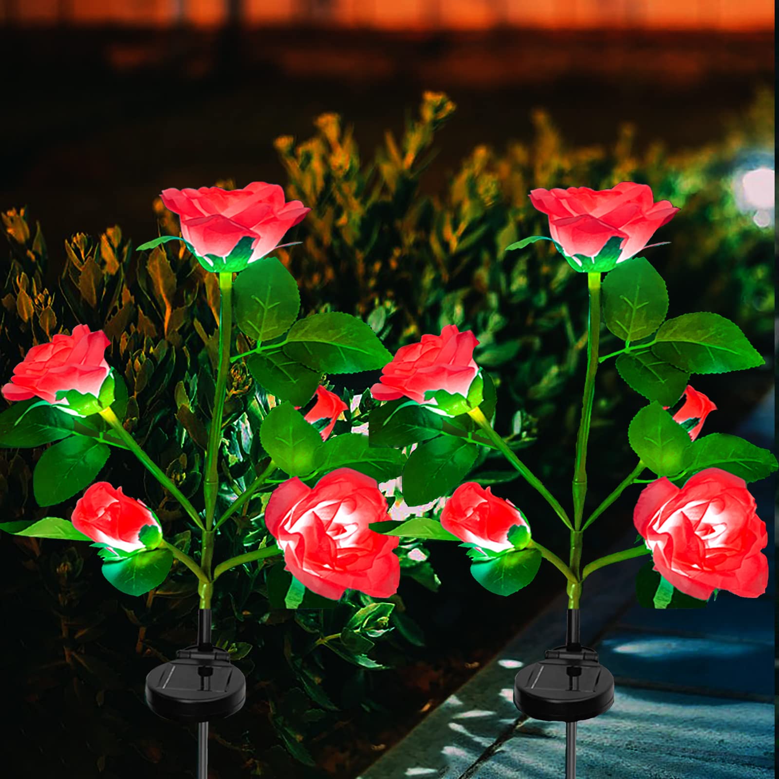 Ovker Solar Flower Lights Outdoor Garden, 2 Packs Solar Garden Lights with 10 LED Bigger Rose Flowers, Solar Waterproof Stake Lamps for Christmas Pathway Lawn Yard Fence Grave Decoration(Red)