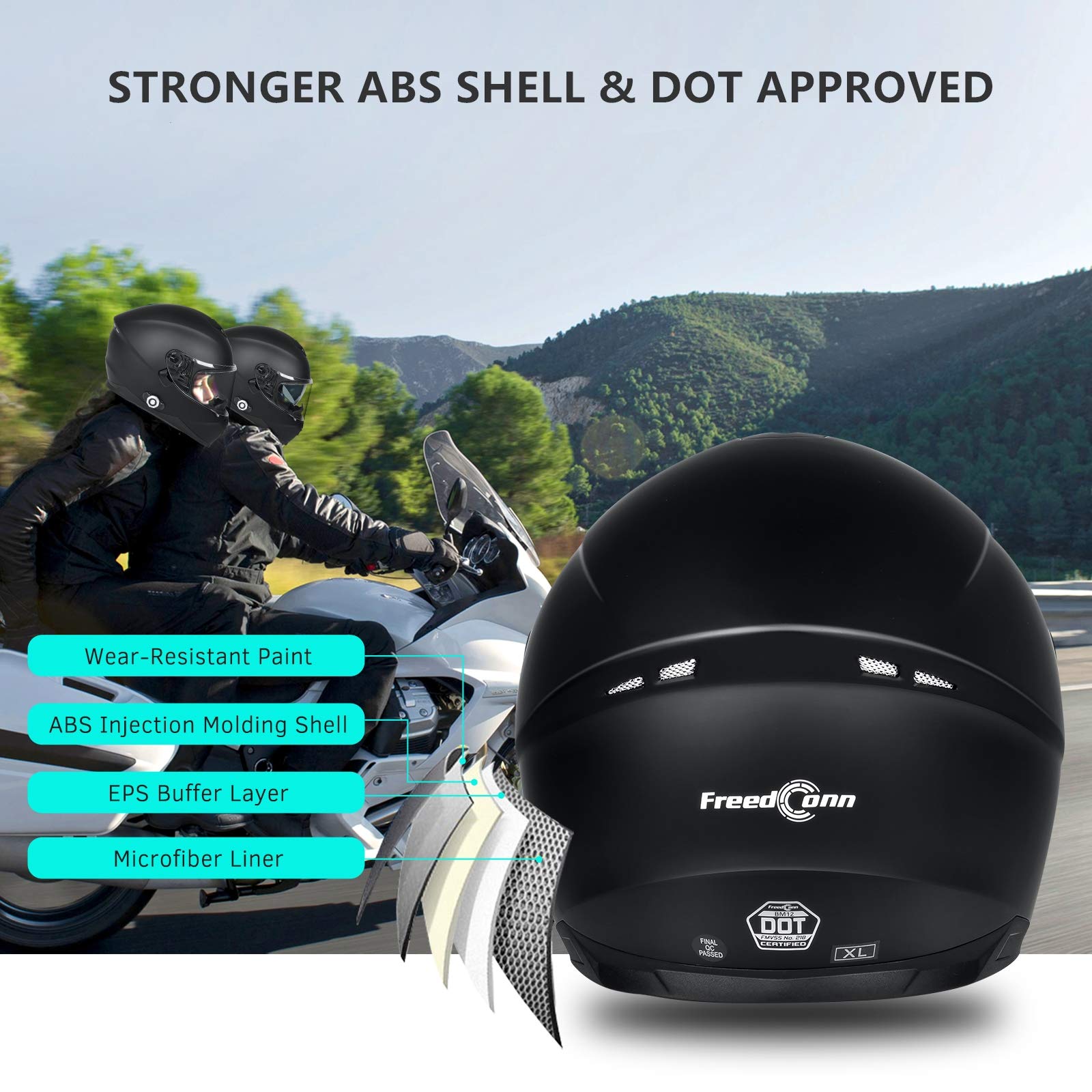 Bluetooth Motorcycle Helmet FreedConn BM12 DOT Full Face Bluetooth Helmets Motorcycle Dual Visor Helmet with Integrated Intercom System/ 2~3 Riders Pair/ 500M/ FM/ MP3/ Voice Dial (Matte Black, XXL)