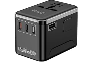 Universal Travel Adapter, VYLEE 45W International Plug Adapter with PD Fast Charging, 5-Port (1 AC/1 USB-A/3 USB-C), Wall Charger Worldwide Travel Essentials Plug for USA EU UK AUS Japan (Black)