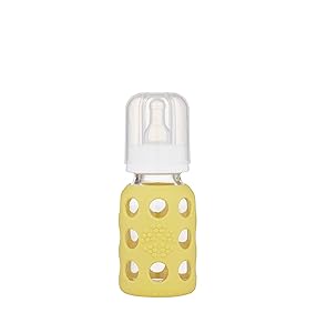 Lifefactory 4-Ounce BPA-Free Glass Baby Bottle with Protective Silicone Sleeve and Stage 1 Nipple, Banana