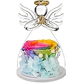 Valentines Day Rose Gifts for Her,Fresh Flowers for Delivery,Birthday Gifts for Women Mom,Preserved Flowers in Glass Angel Figurine,Angel Mothers Day Rose Gift for Mom Grandma,Rainbow Gift Valentines