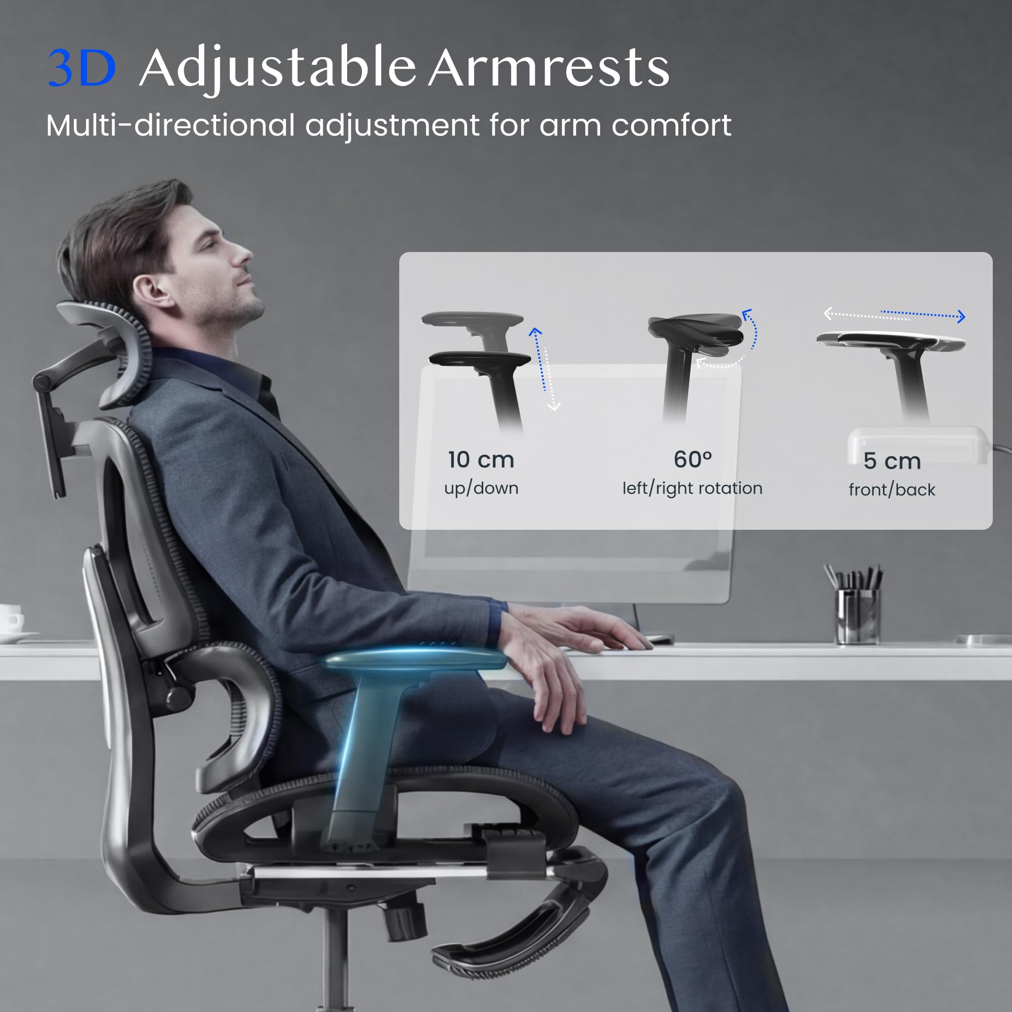 FLEXISPOT Ergonomischer Bürostuhl Schreibtischstuhl mit Fußstütze, 3D-Armlehnen, 3D-Kopfstütze, 5D-Rückenlehne, Atmungsaktiver Sitz Belastbar bis 136 kg Arbeitsstuhl, ErgoX, Dunkelgrau 5