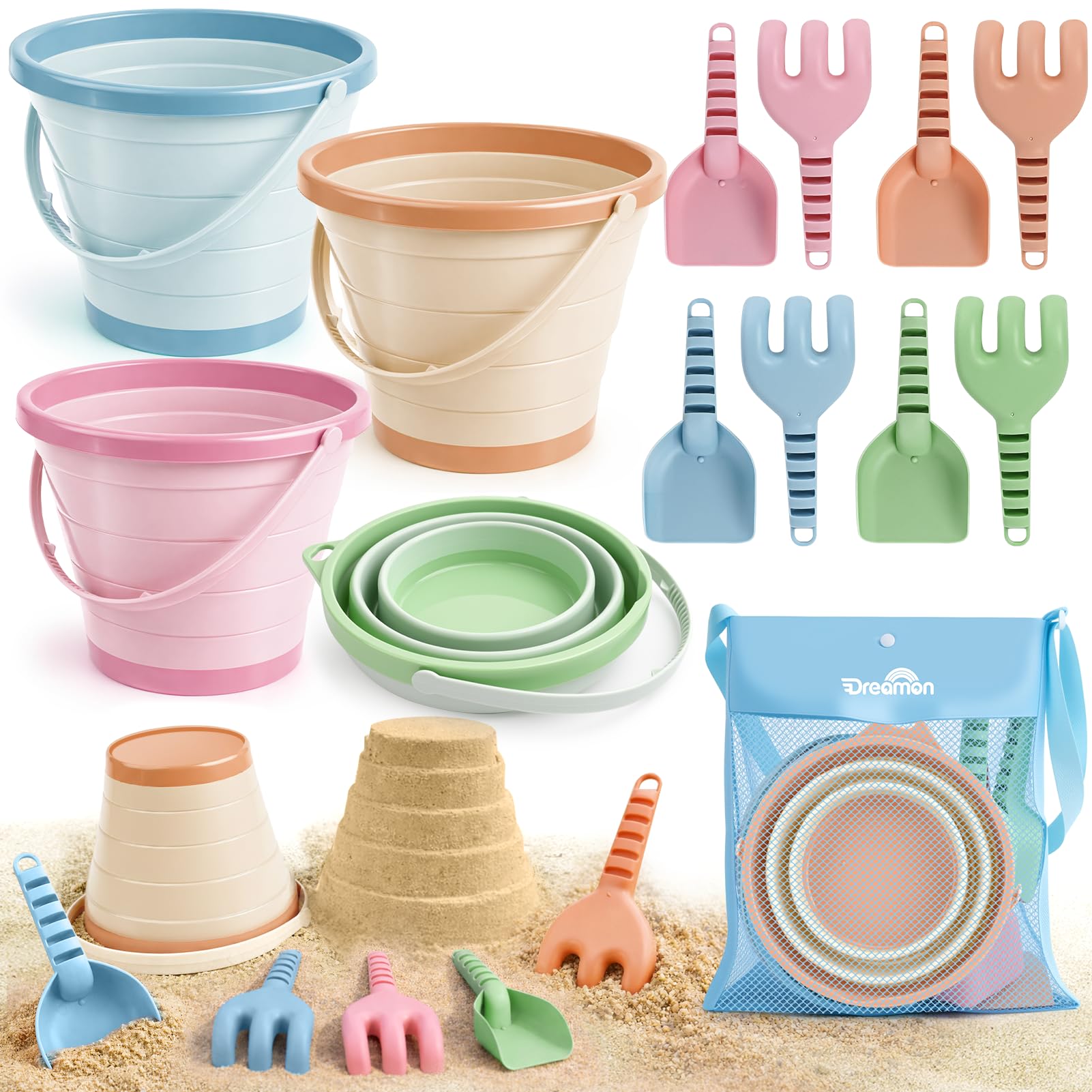 Dreamon Beach Toys – 13PCS Bucket and Spade Beach Set Kids with 4 Collapsible Buckets, 8 Beach Spades & Mesh Beach Bag, Sand Toys, Buckets and Spades for Kids, Holiday Outdoor Play