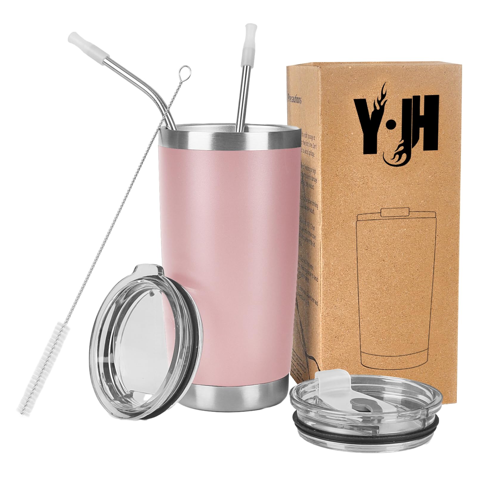 Y·J&H 20oz (550ml) Travel Tumbler Double Wall Vacuum Insulated Coffee Mug Stainless Steel Coffee Cup with 2 Splash Proof Lid, 2 Straws & Free Cleaning Brush, BPA Free - Pink