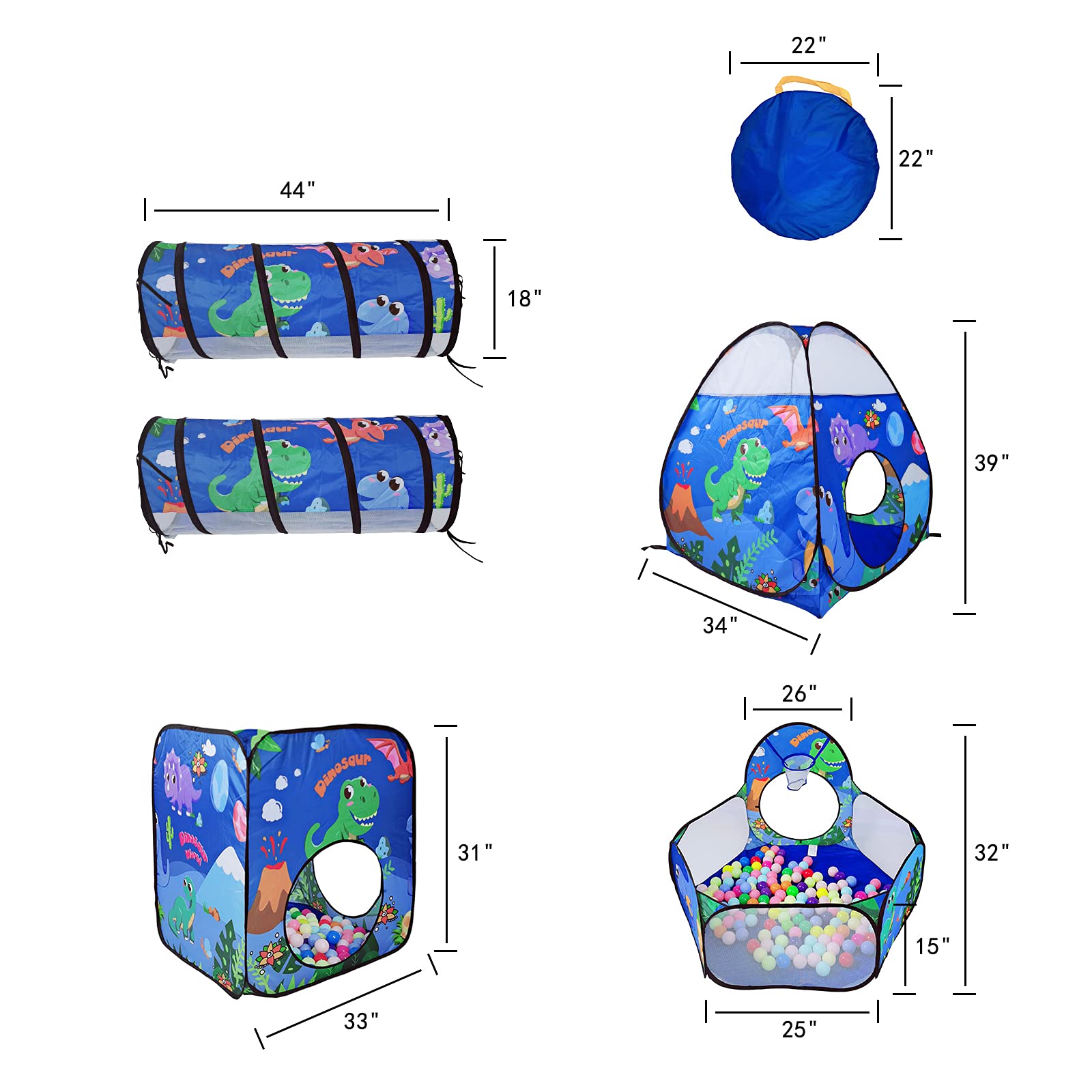 TTLOJ Gift 5PC Dinosaur Kids Play Tent with Ball Pit, Crawl Tunnel, Toddlers Playhouse Castle Toys, Baby Boys Girls Gift for 3 4 5 6 7 Years Old, Outdoor Indoor(Balls Not Included