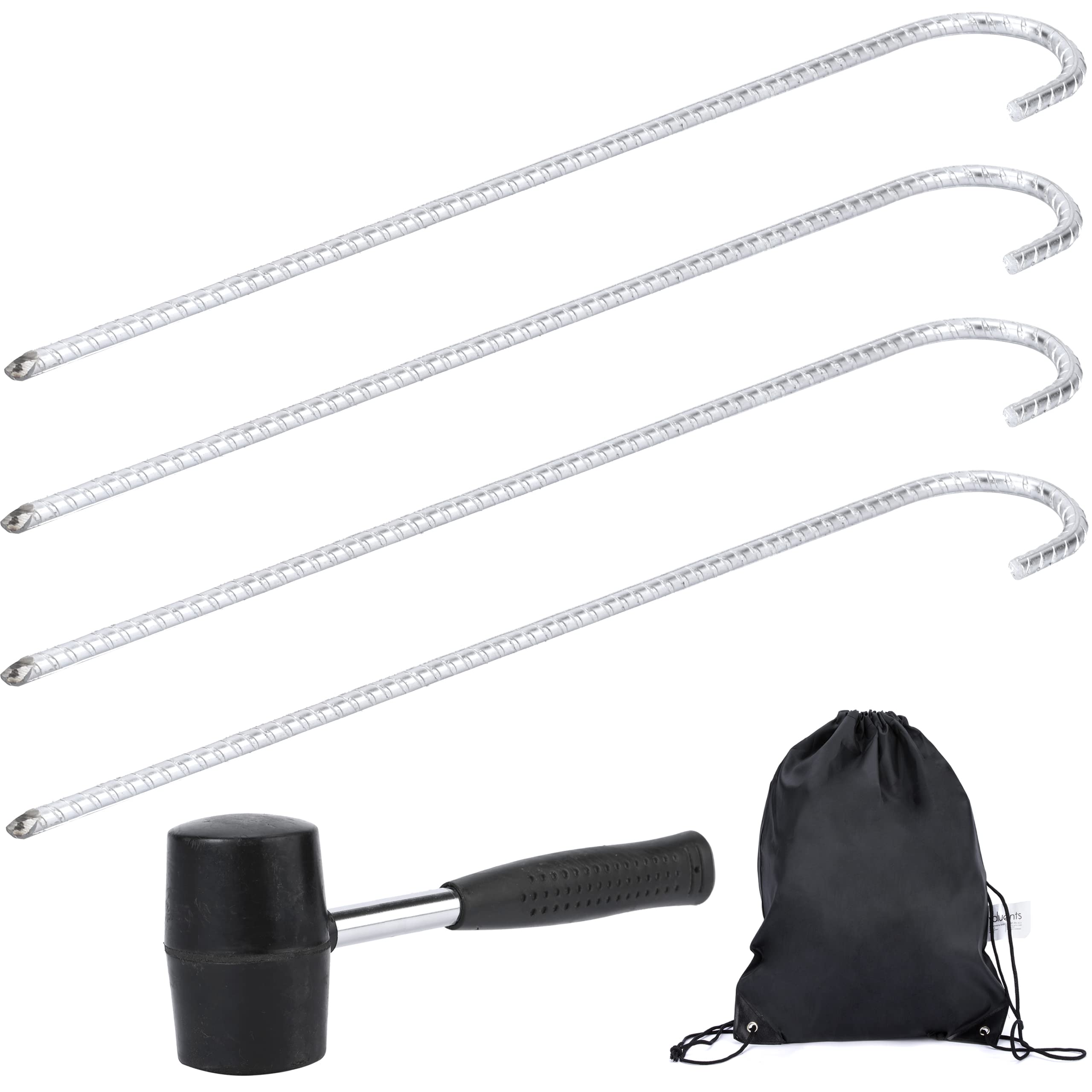 Ground anchors, set of 4, 42 cm, ground anchors, ground hooks, tent pegs for secure attachment, silver galvanised, plus rubber hammer and bag