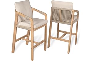 JONATHAN Y BSL1200A-SET2 Porto Modern Coastal Tub Roped Acacia Wood Outdoor Bar Stool with Cushions and Armrests Modern, Coastal, Contemporary, Rustic, Garden Room, Patio, Beige/Light Teak (Set of 2)