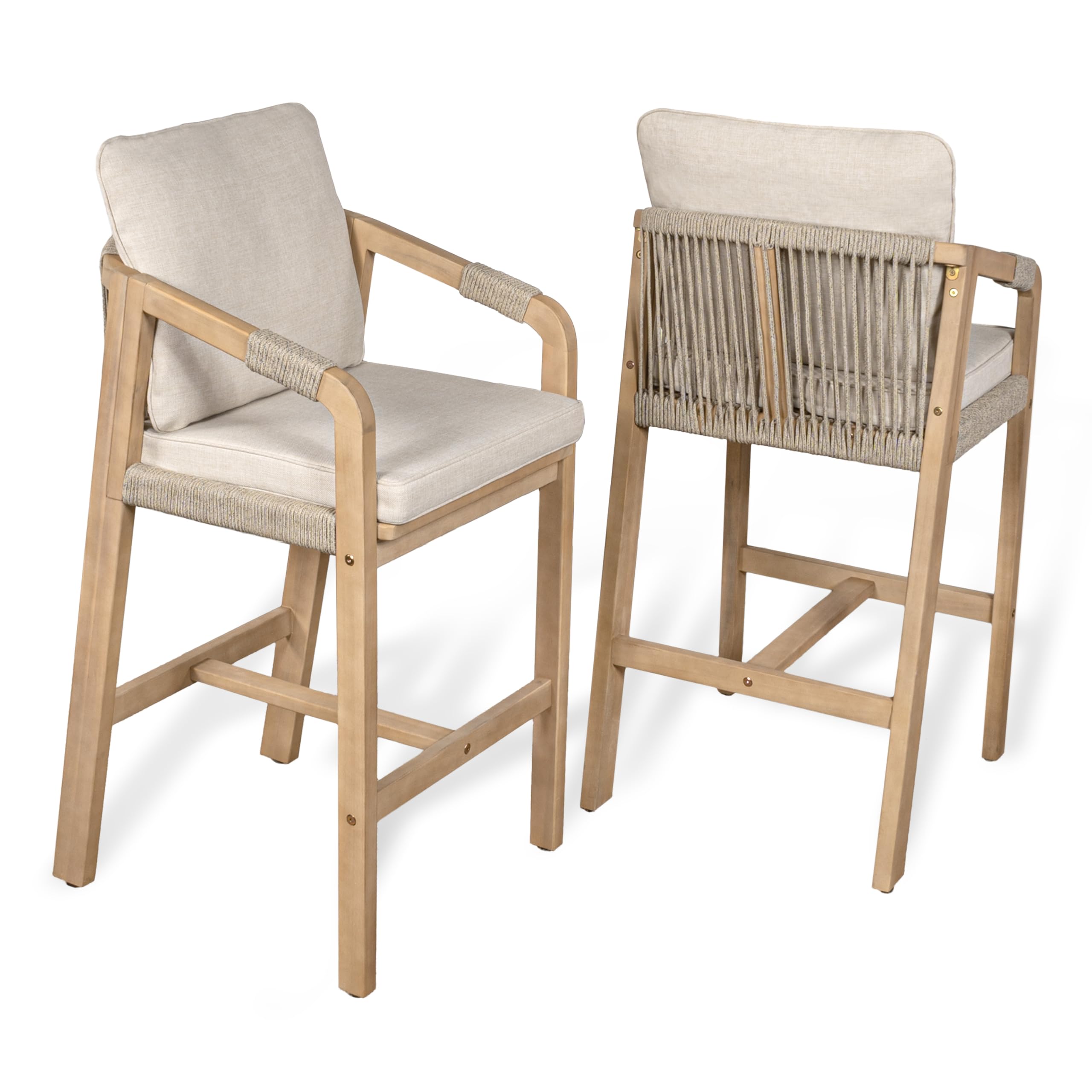 Photo 1 of JONATHAN Y BSL1200A-SET2 Porto Modern Coastal Tub Roped Acacia Wood Outdoor Bar Stool with Cushions and Armrests Modern, Coastal, Contemporary, Rustic, Garden Room, Patio, Beige/Light Teak (Set of 2)
