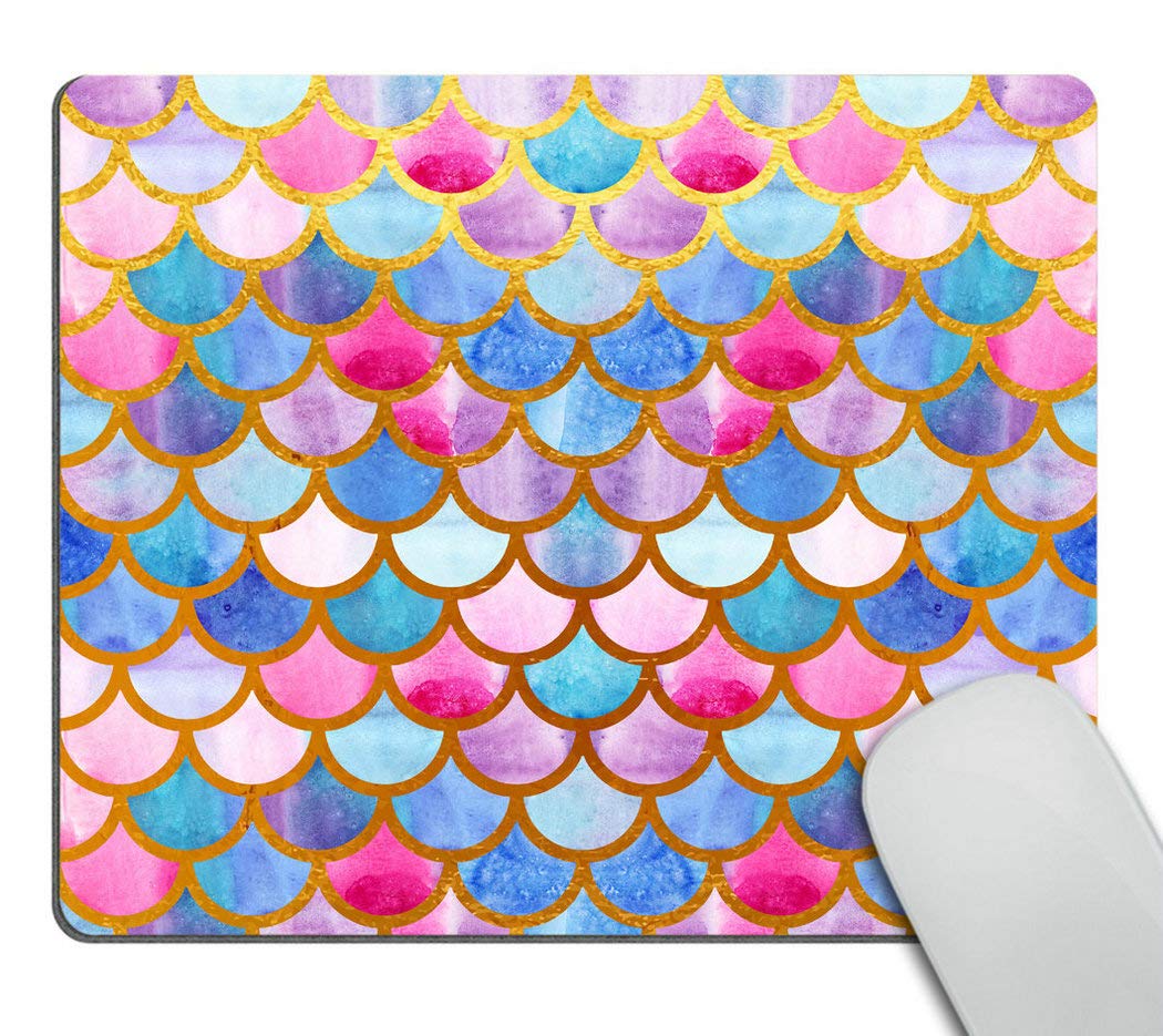 Wasach Mermaid Scales Mouse Pad Custom for Women,Watercolor Fish Scales Personalized Design Non-Slip Rubber Mousepad