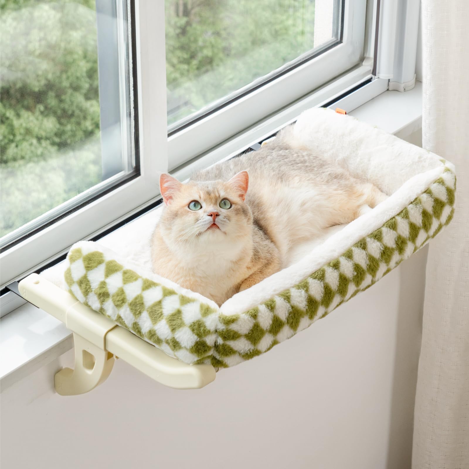 Photo 1 of MEWOOFUN Cat Window Sill Perch for Indoor Cats, One-Step Sliding Clamping Slot Adjustment Cat Window Hammock with Removable Covers, Cat Bed for Windowsill & Bedside (Green, Large)
