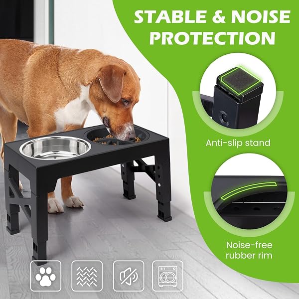 ELEVATED DOG BOWLS 5 ADJUSTABLE HEIGHT, 2 STAINLESS STEEL BOWLS, 1 SLOW FEEDER