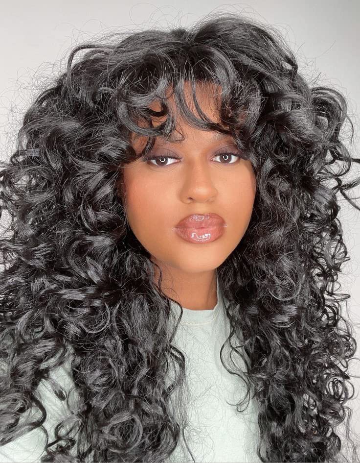 ANNIVIA Curly Wig with Bangs for Black Women Black