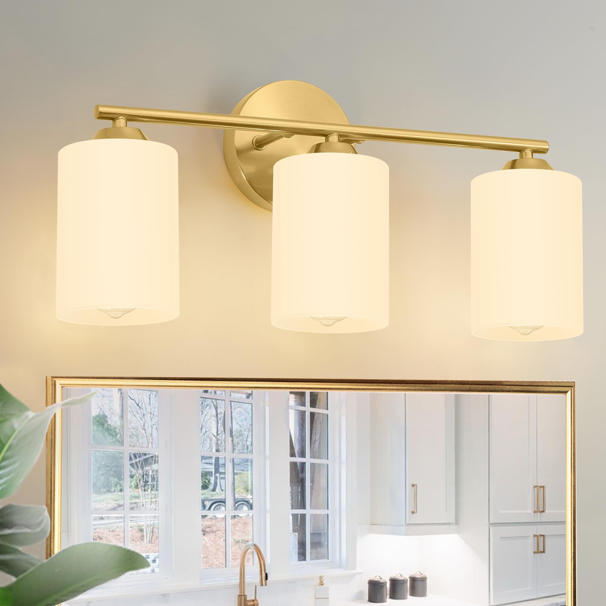 Photo 1 of hollylite Gold Bathroom Light Fixtures,Bathroom Light Over Mirror,3-Light Brass Vanity Lights with Frosted Glass Shade,Brushed Gold Wall Sconce,Mid-Century Modern Vanity Lighting
