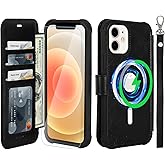 VANAVAGY Compatible for iPhone 12/12 Pro Wallet Case for Magsafe Wireless Charging, PU Leather Flip Folio Phone Cover with Wrist Strap RFID Blocking Card Holder Screen Protector,Black