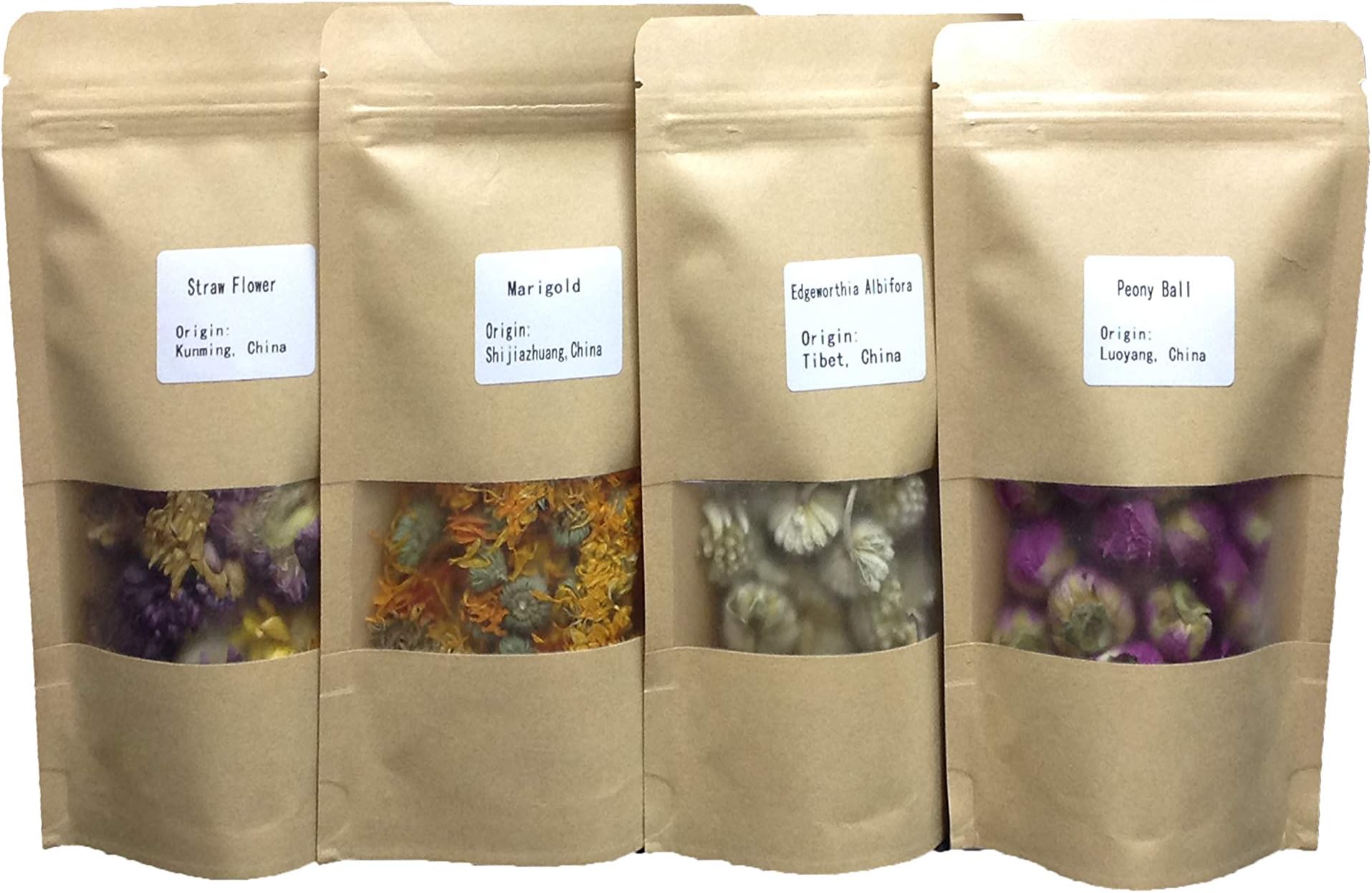 MinaJoy Four Packs Dried Flowers Marigold, strawflower, Peony for Flower Tea, Handmade soap and Candle, Sachet and Food Decoration