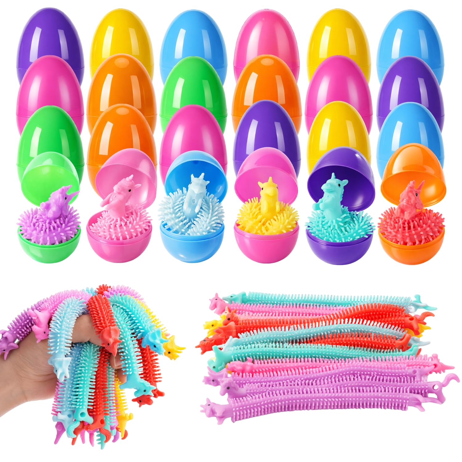 Yunfan 24 Pack Prefilled Easter Eggs with Dinosaur Stretchy Strings Fidget Toys Stress Reliever Sensory Squeeze Toys for Easter Basket Stuffers Egg Hunt Party Favors Birthday Gifts