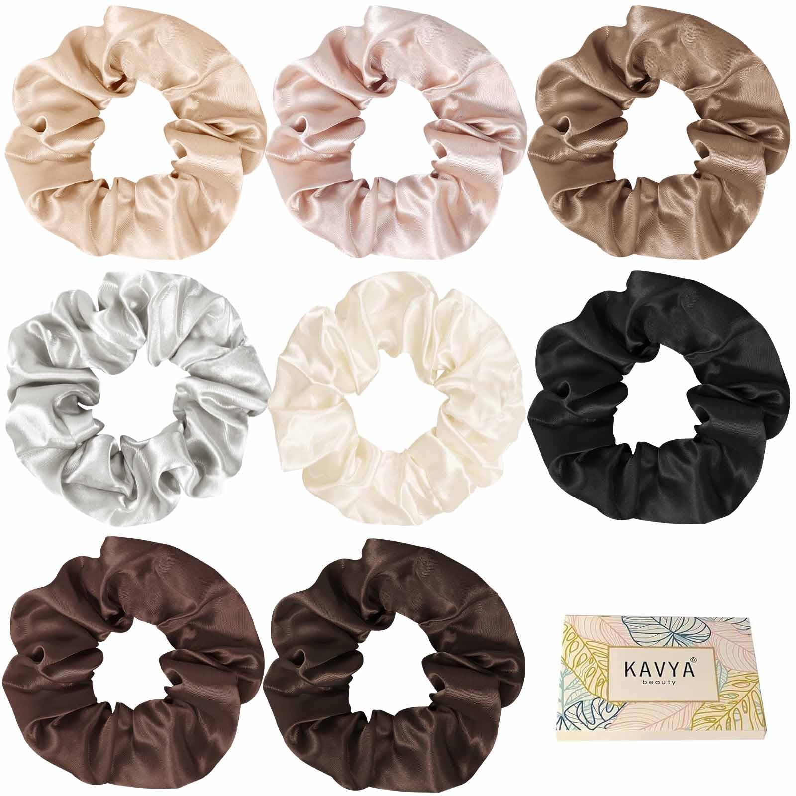 Kavya Silk Scrunchies, 8 Pcs Silk Hair Scrunchies, Satin Elastic Hair Ties, Ponytail Holders, Women & Girls