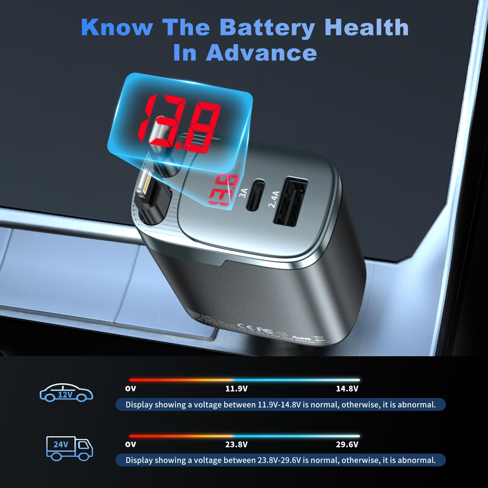 Retractable Car Charger, 84W Car Charger USB C 4 in 1, Car Accessories Fast Charging Car Charger Adapter for iPhone 17 16 15 14 13 12 Pro Max, Samsung, Pixel | Travel Essentials Gifts for Men Women