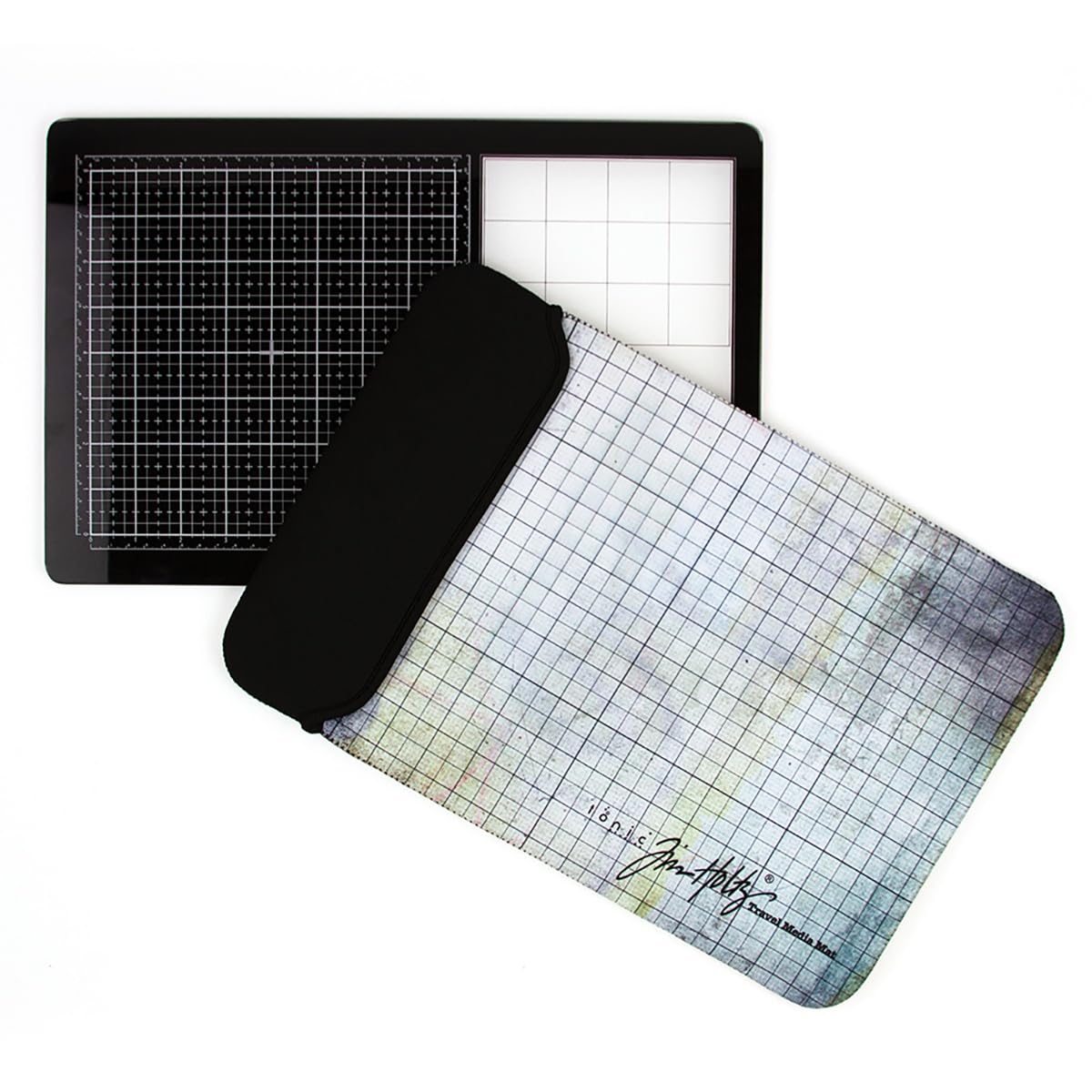 Tim Holtz Travel Glass Cutting Mat - Portable Work Surface with 8x8 Measuring Grid and Palette for Mixed Media - Art Supplies with Carry Case