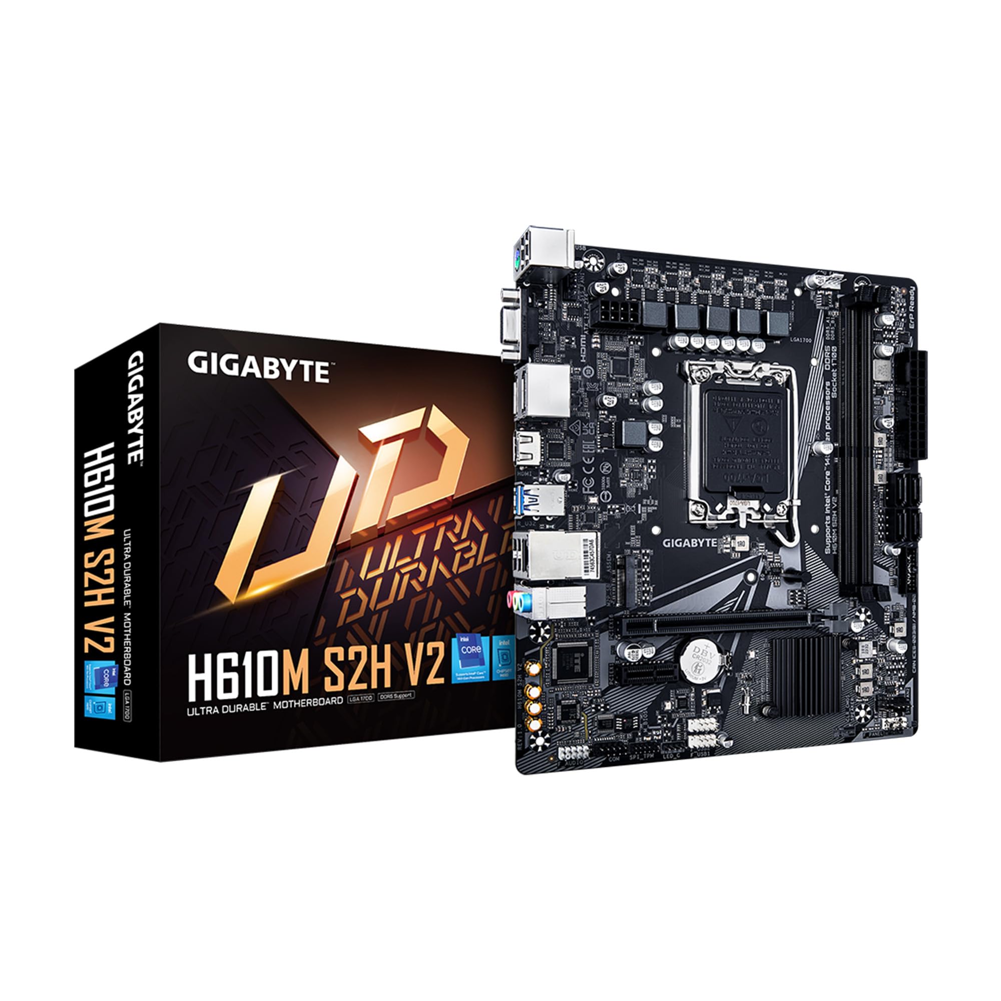 Photo 1 of GIGABYTE H610M S2H V2 Motherboard, Supports 14th/13th/12th Gen Intel Core Processors (LGA 1700), mATX, DDR5, 1x M.2, PCIe 4.0, USB-C, HDMI, 2X DisplayPort, D-Sub, 1GbE LAN