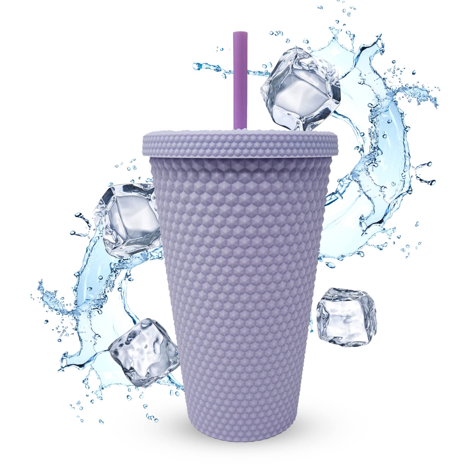 Nadia's Little Treasures Studded Tumbler Straw Lid - Plastic Double Walled Cold Cup for iced Coffee, Water, Slush or Smoothies, Your Home Cinema Cup (Matte Lilac 16OZ/ 450ml)