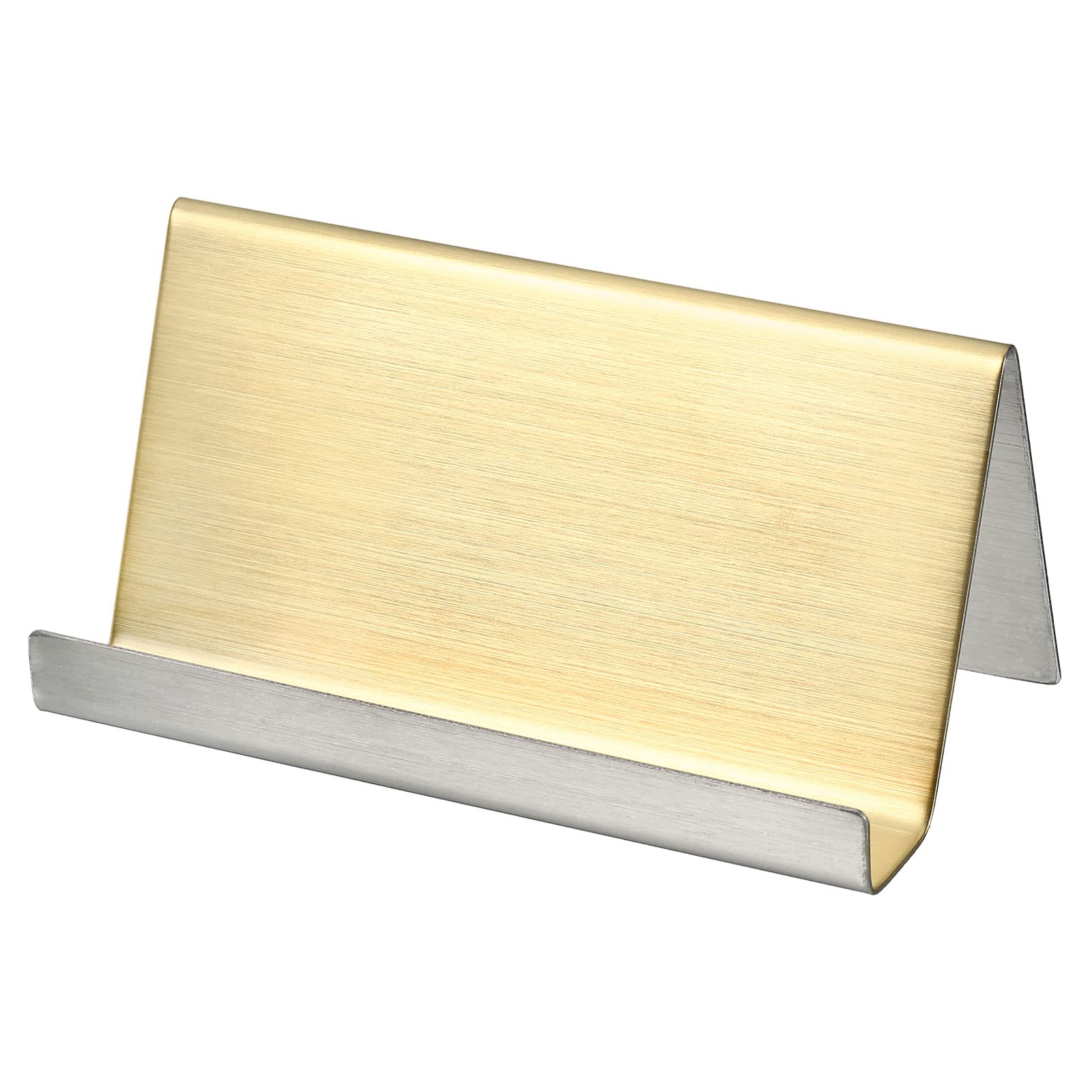 PATIKIL Business Card Holder, Brushed 304 Stainless Steel Desktop Name Cards Display Stand for Office Desk, Gold