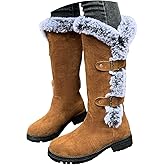 Women's Mid Calf Snow Boots with Plush Cuff Round Toe Slip on Buckle Strap Booties Non Slip Lug Sole Chunky Block Heel Waterproof Comfort Winter Boots