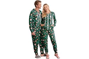 Ekouaer Matching Onesie for Couples Zipper Hooded Christmas Adult Onesie Pajamas with Pockets
