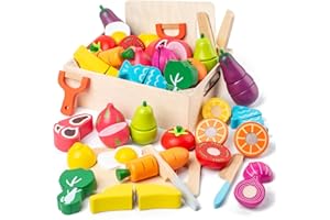 BUSY EDITION 32 Pcs Wooden Play Food Sets for Kids Kitchen Accessories, Montessori Educational Toys Food, Pretend Play Food for Toddlers, Velcro Fruits and Vegetables Cutting Set for Kids Boys Girls