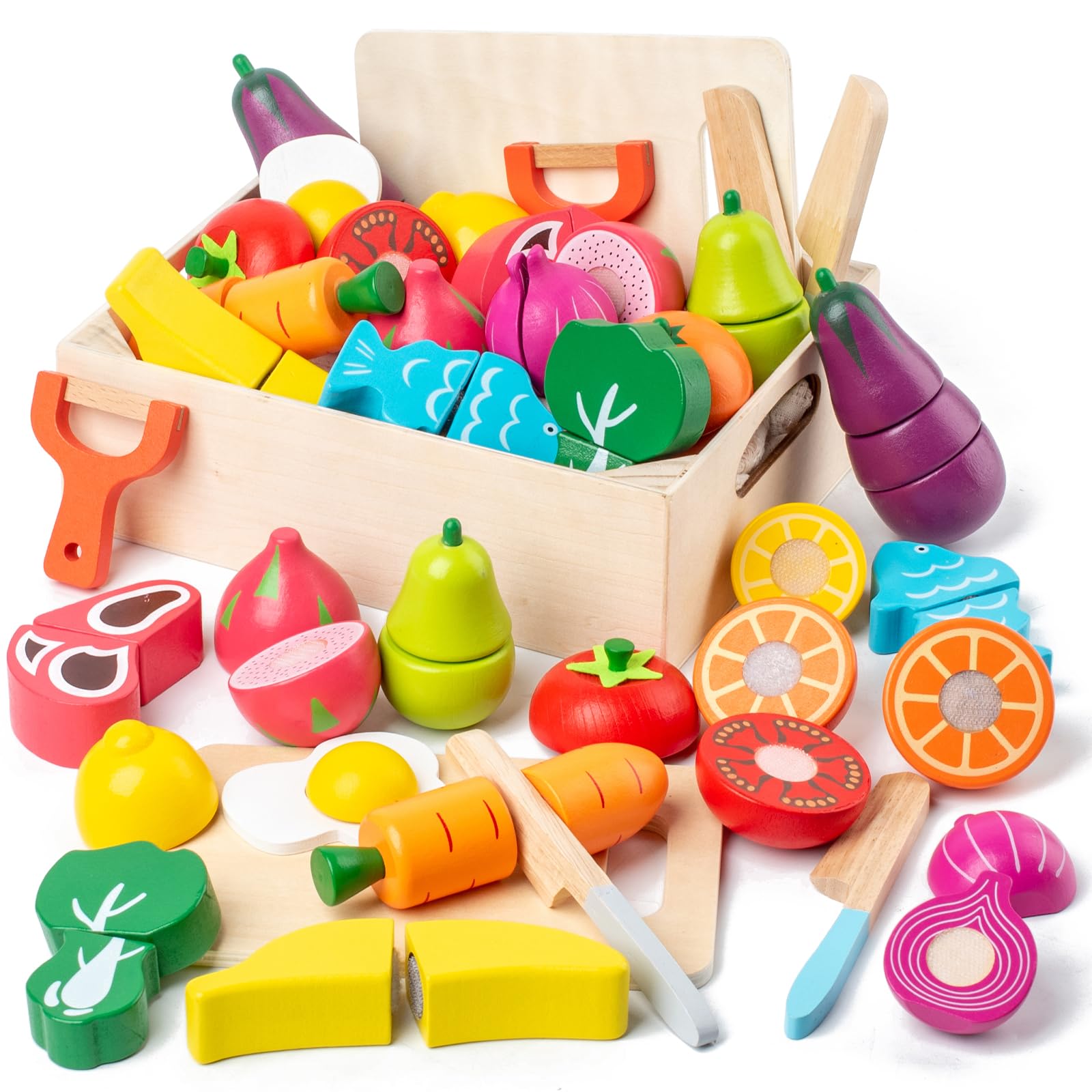 Photo 1 of 32 Pcs Wooden Play Food Sets for Kids Kitchen Accessories, Montessori Educational Toys Food, Pretend Play Food for Toddlers, Velcro Fruits and Vegetables Cutting Set for Kids Boys Girls