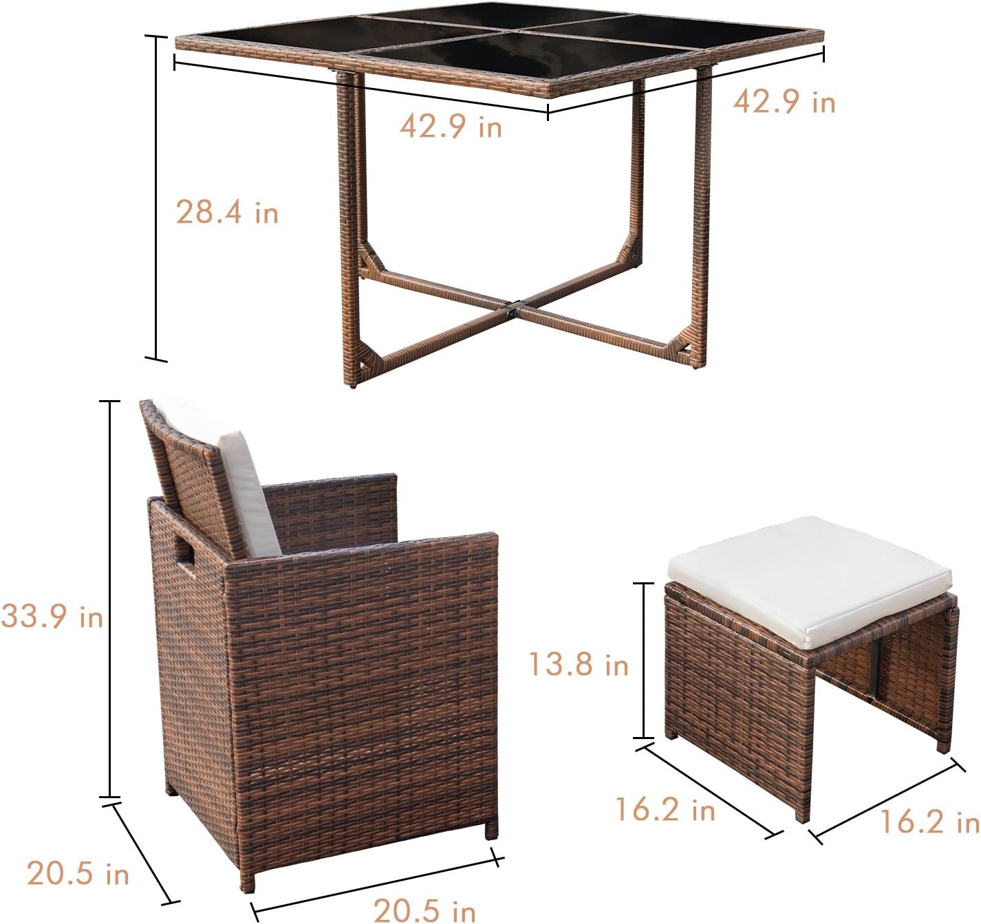 Devoko 9 Pieces Patio Dining Sets Outdoor Space Saving Rattan Chairs with Glass Table Patio Furniture Sets Cushioned Seating and Back Sectional Conversation Set (Beige): Garden & Outdoor