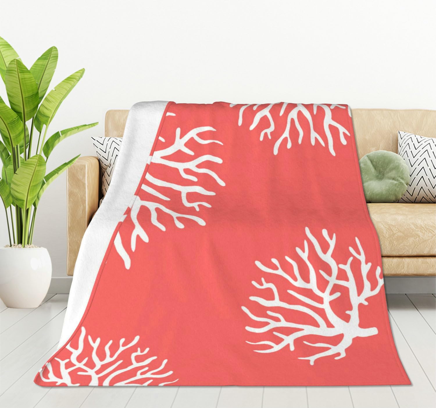 HGOD DESIGNS Beach Coral Blanket Pretty Ocean Coral Pink Branch Reef Nature Red White Throw Blanket Decor Cozy Warm for Home Bedroom Sofa Office 130x150cm