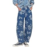 chouyatou Women's Y2k Baggy Wide Leg Denim Pants Boho Floral Printed Boyfriend Barrel Jeans with Pockets