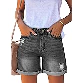 luvamia Women's Casual Ripped Denim Shorts High Rise Distressed Rolled Hem Jeans Shorts