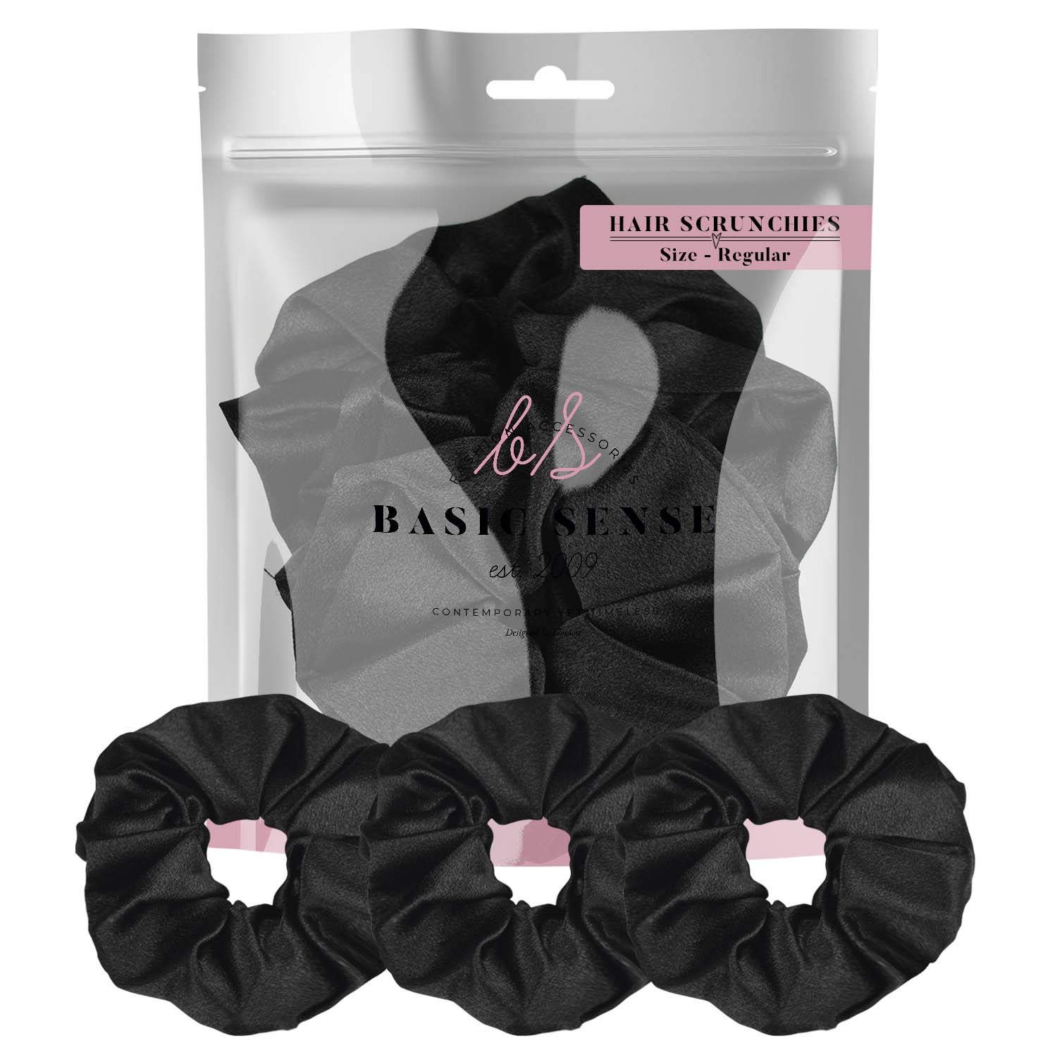 Luxurious Shimmering Hair Satin Scrunchies for Women Updo Ponytail Holder Ties Bands Elastic Bobbles Traceless Scrunchy, A set of 3pcs, Black Assortment