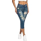roswear Women's Capri Jeans Ripped Stretch Denim Capris Mid Rise Skinny Cropped Pants