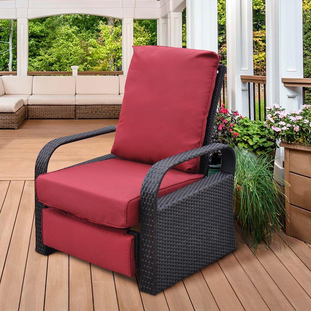 Outdoor Resin Wicker Patio Recliner Chair with Cushions, Patio Furniture Auto Adjustable Rattan Sofa, UV/Fade/Water/Sweat/Rust Resistant, Easy to Assemble (Red) : Garden & Outdoor
