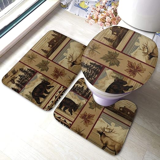 Amazon Com Dreamfy Rustic Bear Moose Mountain Lodge Trees Bathroom Rug Mats Set 3 Piece Memory Foam Soft Flannel Shower Bath Rugs Contour Mat Lid Toilet Cover Comfort Rugs Home Kitchen